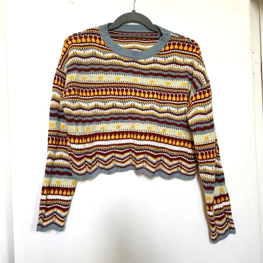 Shein Cropped Sweater SMALL Fairycore Bohemian Knit Striped‎ Blue Yellow Hippie